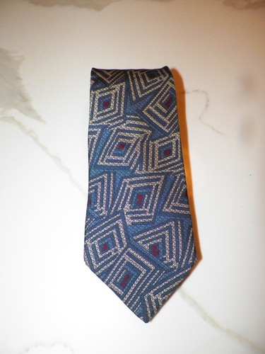 VINTAGE MEN'S GIVENCHY SILK TIE BLUE WITH GRAY & RED GEOMETRIC DESIGN - Picture 5 of 5