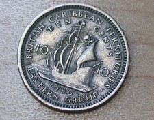 1956 East Caribbean States 10 Cents Golden Hind Ship