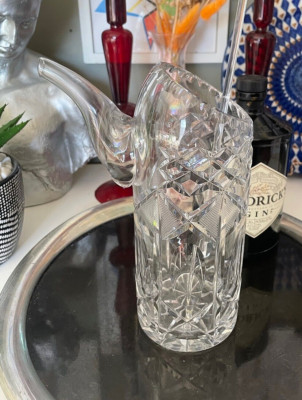 Cut Cystal Glass Cocktail Pitcher w Stir Stick Elephant Long Spout Open Top 9''