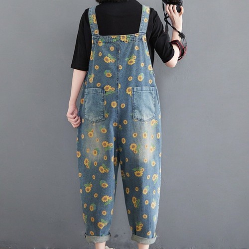 Ladies Sunflower Printed Denim Overalls Jumpsuit Bib Trousers Jeans Leisure - Picture 8 of 12