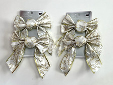 Set of 4 BOWS Christmas Tree ORNAMENTS White  Gold 5.5x6" Decoration Gift