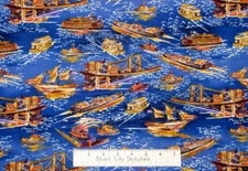 Boats Ships Nautical Dk Blue Water Bridge Cotton Fabric Blank Textiles - Yard