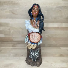 Ceramic Native American Figurine Woman Wolf Dream Catcher
