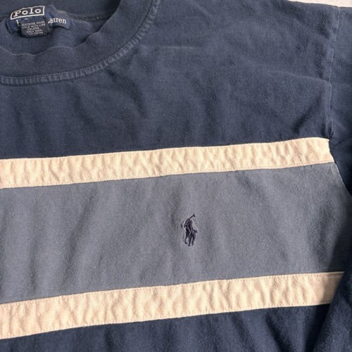 VTG Polo Ralph Lauren Blue Long Sleeve Crew Neck Striped Shirt Men's XL Hole - Bild 2 von 7