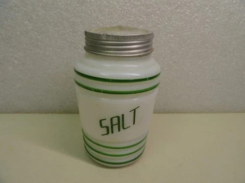 Vintage Salt Shaker HAZEL ATLAS White Milk Glass Black Lettering Green 1940s