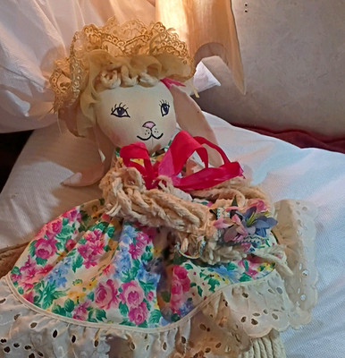 Handmade Cloth Bunny Rabbit Doll Floral Dress, Lace Trim & Ribbon