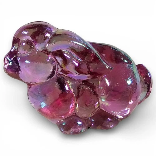 Fenton Art Glass Bunny Rabbit Figurine Iridescent Pink Ears Back Mini 2"