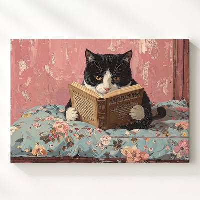 #ad Cozy Cat Reading A Book Canvas Black And White Cat On Pastel Floral Blanket In $119.90