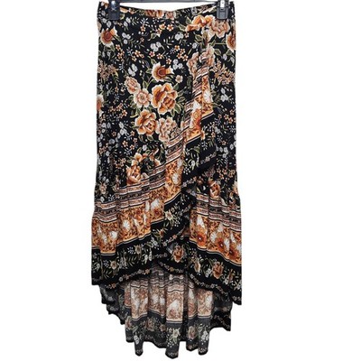 Rusttydustty Hi/Lo Wrap Skirt Womens Small Black Tan Gold Floral Boho-Chic 