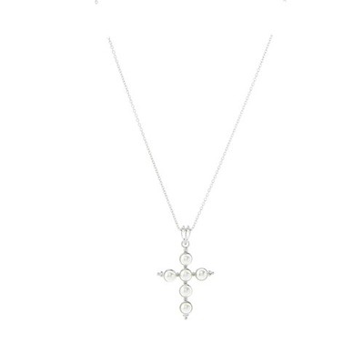 Sunflower Garden White Faux Pearl Studded Cross Pendant and 19'' Necklace Set
