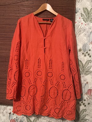 Sutton Studio Orange Top/Blouse Eyelet Long Sleeve Front Buttons Linen SZ M