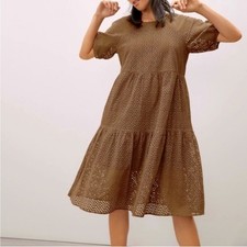 Everlane The Tiered Eyelet Dress walnut brown 100% cotton swing fall neutral XS