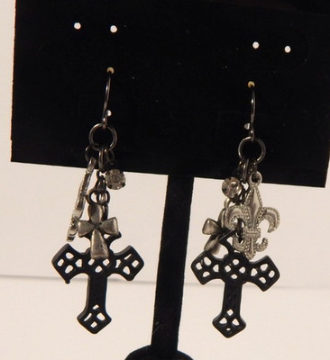 Ornate Gothic Crosses and Flour-de-lis charms Dangle Earrings black & silver