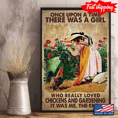 Vintage Little Girl Watering Flowers In The Garden &amp Chicken Once Upon A T...