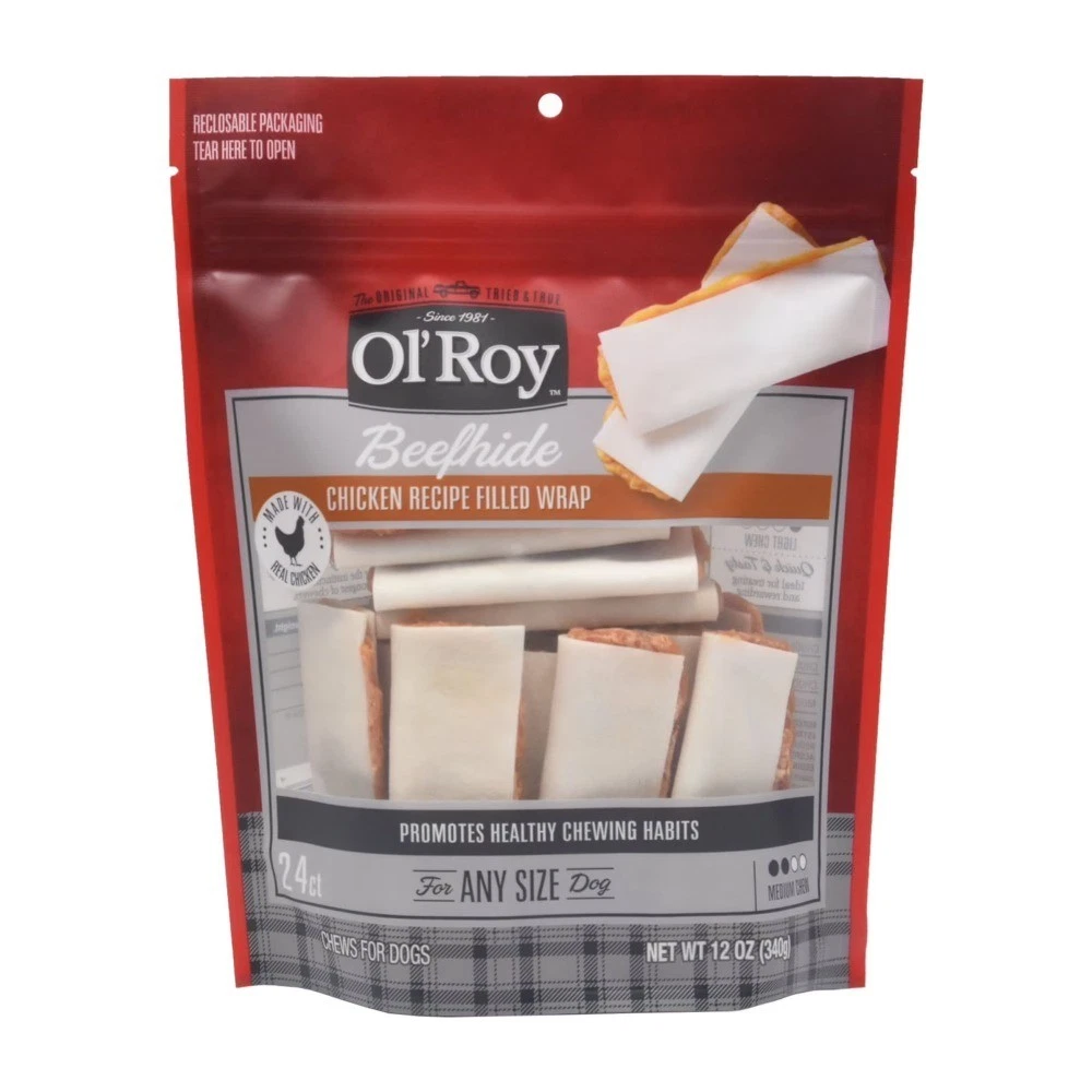 Beef Hide Filled Wrap Chicken Recipe Dry Training Treats for Dogs 12 oz 24 Count