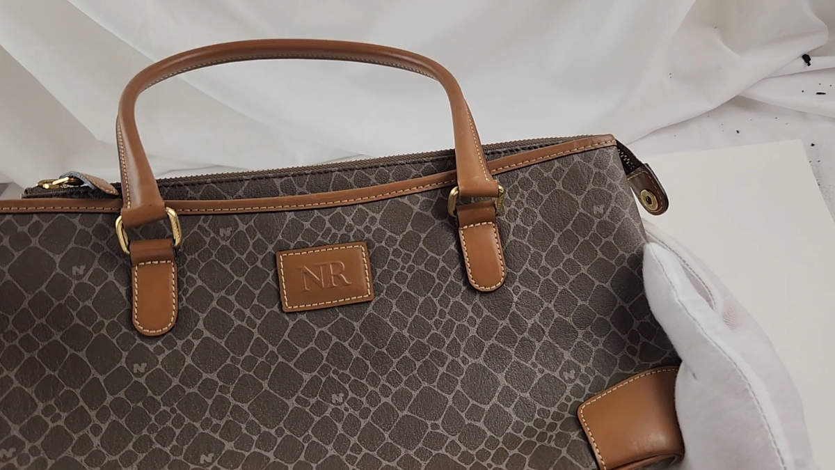 Authentic Nina Ricci Handbag Brown Leather Tote Hand Bag Purse Shoulder  Monogram