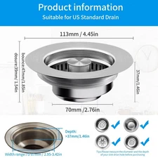 3-in-1 Kitchen Sink Drain Kit All-Metal SUS304 Strainer Stopper & Drain Assembly