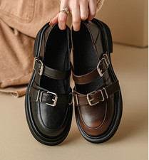 Womens Leather Round Toe Buckle Strap Platform Mary Jane Loafer Shoes Vintage