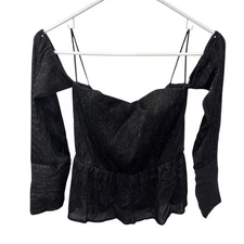 en elly Black Sparkle Off Shoulder Peplum Top Long Sleeve M