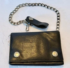 Vintage Harley Davidson Black Leather Trifold Wallet + Chain 6” USA Biker