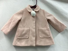 Tahari Baby Coat Girls 12 Months Pink Peter Pan Collar Pom Pom Lined Pockets