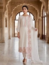 Pakistani Designer White Silk Kurti Pant Dupatta Suit Embroidered Ethnic Wear