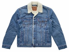 Levis Premium Red Tab Mens M Blue Wash Denim Jean Sherpa Lined Trucker Jacket