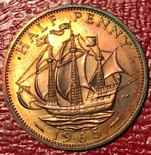 NICE TONING - UNC 1965 GREAT BRITAIN 1/2 HALF PENNY ENGLISH CENT-DEC476