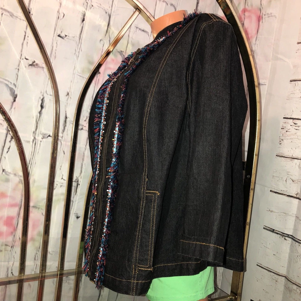 Ruby Rd Womens 18W Plus Jacket Black Denim W Trim 3/4 Sleeve Zipper Front  - Image 2 of 4