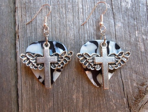 Winged Cross Charm Guitar Pick Earrings - Pick Your Color - Picture 4 of 21