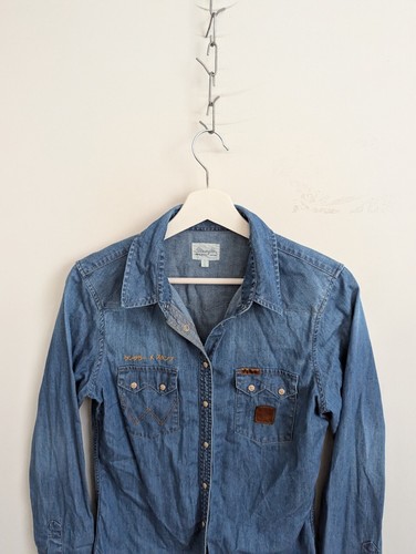 Wrangler Pearl Snap Shirt Mens Size L Blue Medium Wash Denim Cowboy Western - Picture 2 of 9
