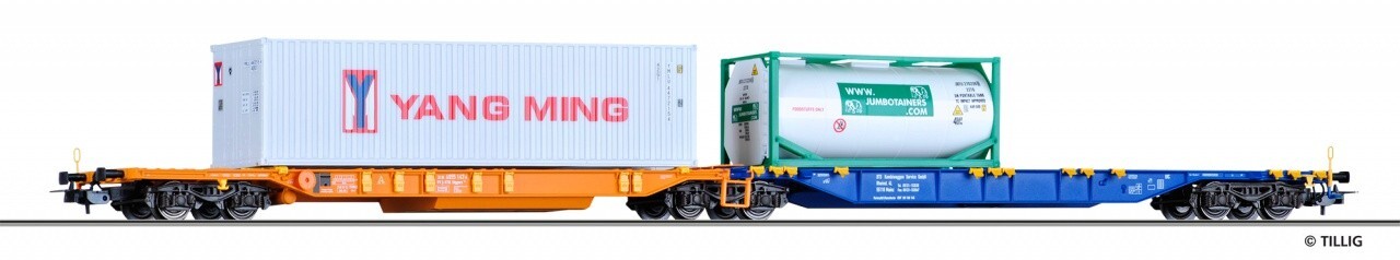 TILLIG 76670 DB Kombiwaggon Sdggmrs 744 Orange/Blue Tankcontainer 20’ + 1