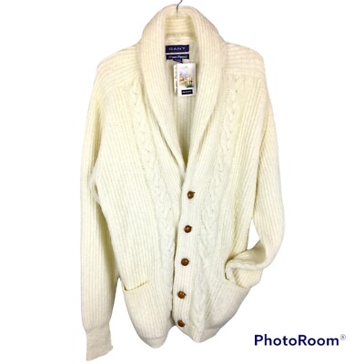 Mens NWT Vtg GANT Oversized Shawl Cardigan sweater Cable Knit Chunky Wool M 90s