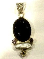 VING HAND MADE STERLING SILVER PENDANT w/BLACK ONYX AMETIST SITRIN M/PERL STONS