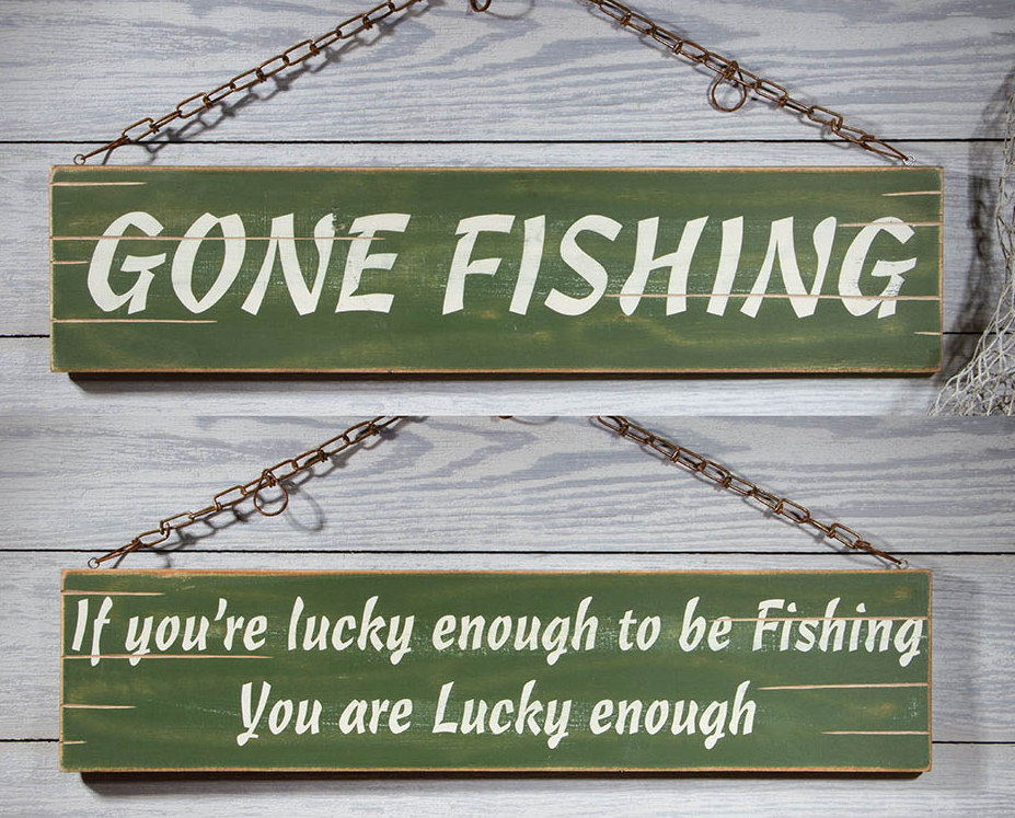 Large Gone Fishing Sign 2 Foot Two-Sided Rustic Cabin Lodge Home Decor New