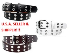 Men Women Unisex 2 Holes Row Grommet Bonded Leather Belt Removable Metal Buckle