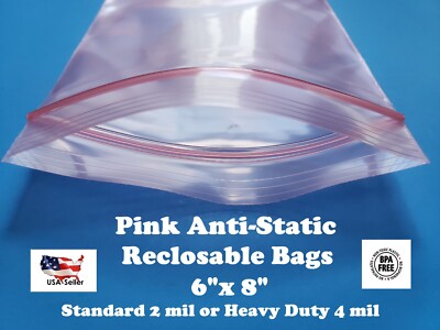 6'' x 8'' Anti Static Pink 2 or 4-Mil Zip Seal HEAVY-DUTY Reclosable Top Lock Bags