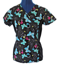 Cherokee Medical Scrub Top Size XS Black With Blue Butterflies