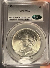 1924 $1 CACG MS 63 CAC Peace Silver Dollar