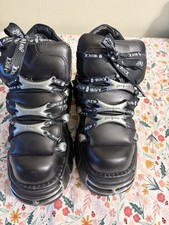 New Rock Women's Black Leather Platform Ankle Boots Lace Up Logo US 5