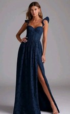 DenisseDark Navy A-Line Ruched Floral Burnout Dress