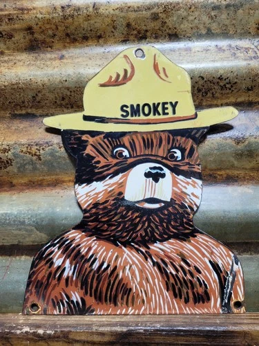 VINTAGE SMOKEY BEAR PORCELAIN SIGN OLD US FOREST SERVICE NATIONAL PARK FIRE