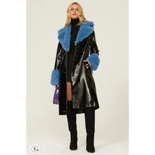 Love Whit Whitney Port Sherpa Collar Coat Black Faux Leather Blue Fur Trim Sz M