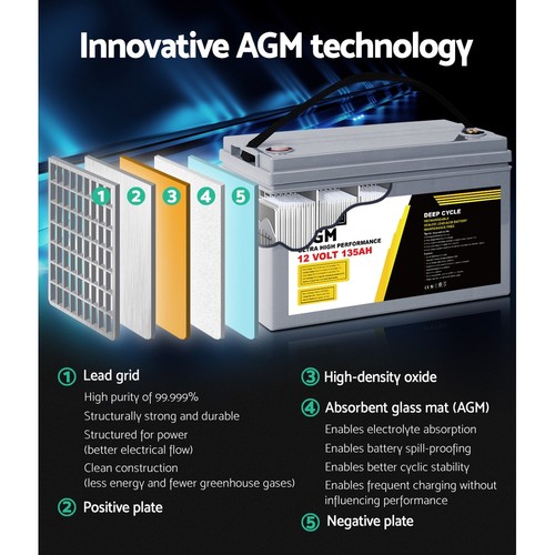 Giantz AGM Deep Cycle Battery 12V 135Ah Box Portable Solar Caravan Camping - Picture 4 of 7