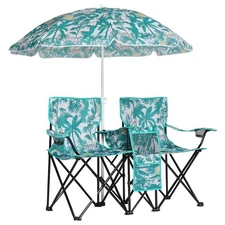Folding Camping Outdoor Picnic Double Chair with Umbrella Table Cooler Beach New