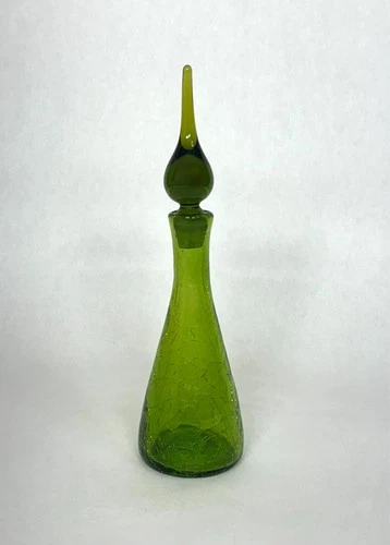 Vintage Pilgrim Glass #23 Green Crackle Glass 10" Decanter wStopper Blenko Style