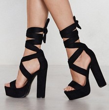 On The Up Platforms by Nasty Gal, Black faux suede 6" heel wrap sandals, SZ 10