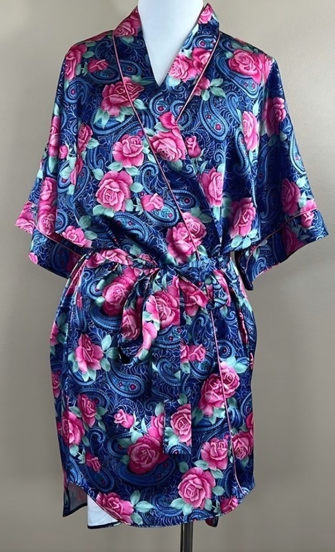 Short Robe Women's Medium Roses Paisley Blue Pink Green Sleep Solutions Spring