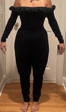 Betsey Johnson '80 Punk Label Black Velour Jumpsuit Cold Shoulder Ruffle NEW 4/6