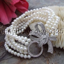 8" 6 Strands Freshwater White Pearl Bracelet CZ Clasp  Valentine's Day gift